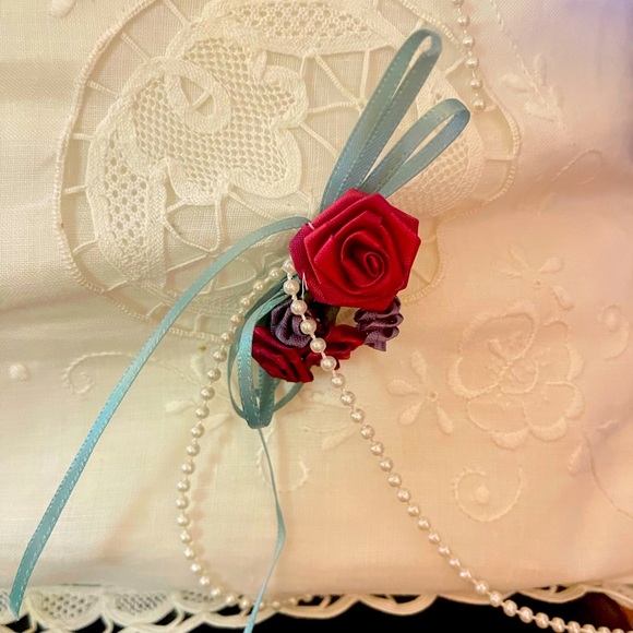 Vintage Victorian Throw Pillow With Roses, Lace & Pearls - Picture 2 of 6